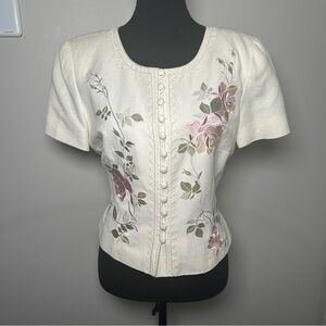 Donna Morgan Linen Embroidered Floral Button Front Size 10 90s Romantic Blouse